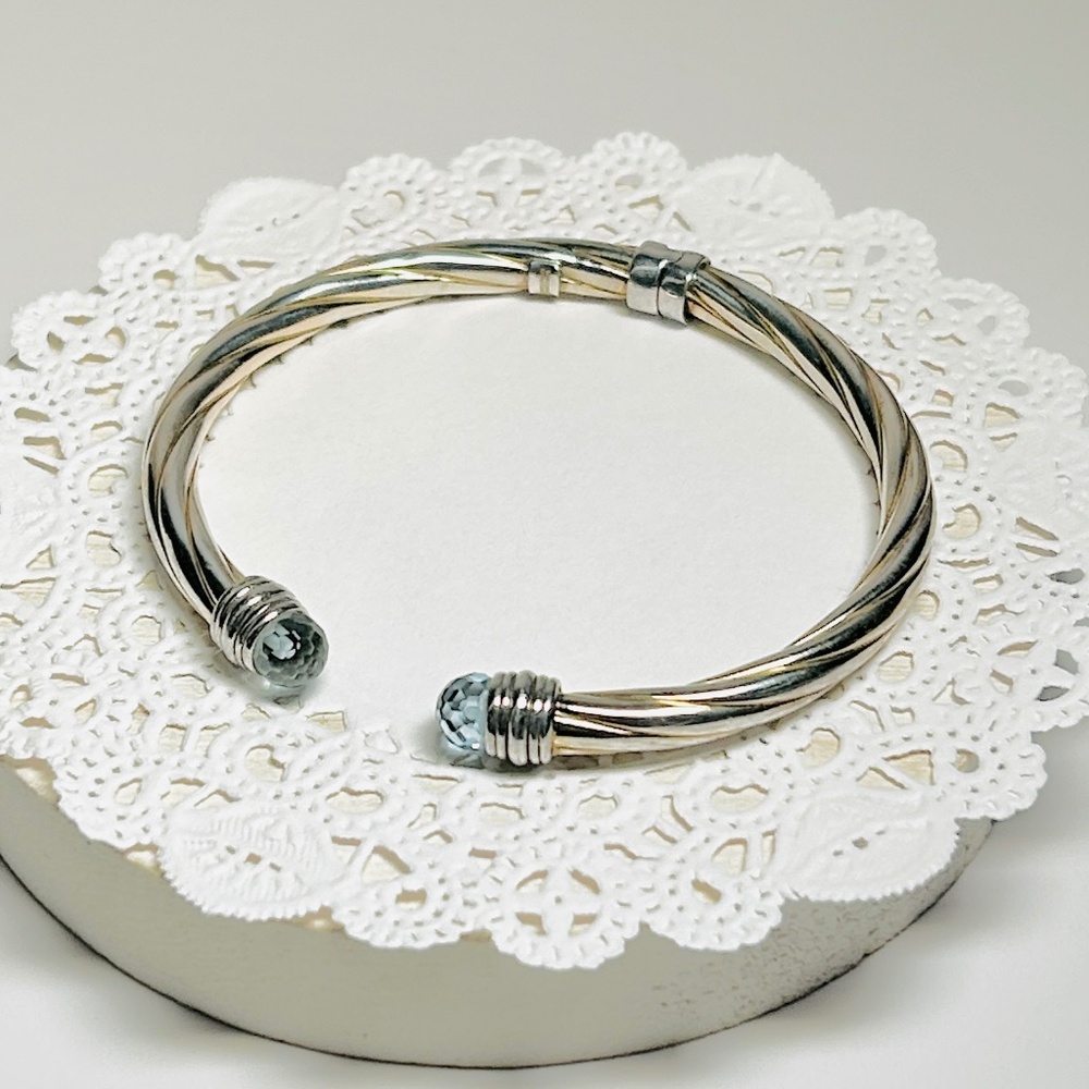 Sterling Silver & 14K Gold Filled Blue Topaz, Vintage Twisted Hinged Bracelet